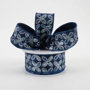 1.5"x10yd Quatrefoil Petals On Royal Burlap, Navy Blue/Blue/Silver  NV11