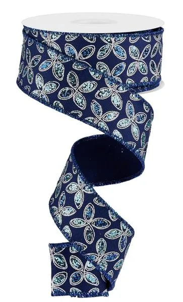 1.5"x10yd Quatrefoil Petals On Royal Burlap, Navy Blue/Blue/Silver  NV11