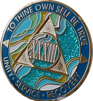 33 Year AA Medallion Elegant Caribbean Aqua Glitter Teal Marble Gold Sobriety Chip