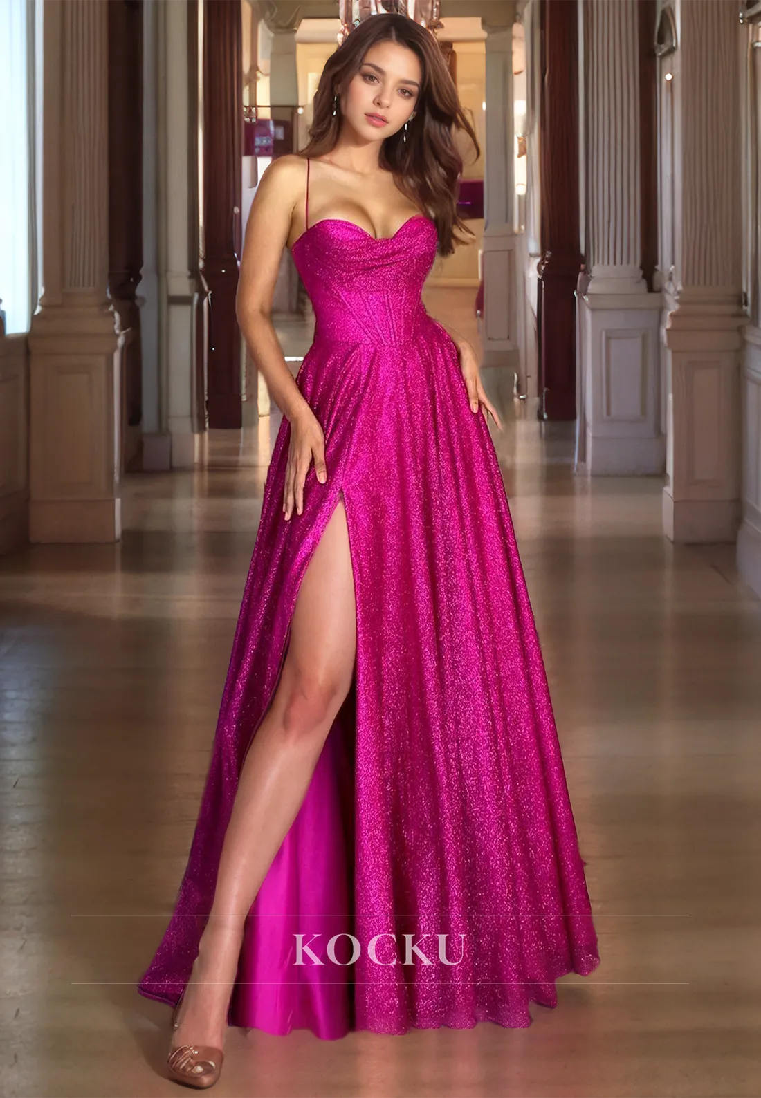 A-Line Spaghetti  Straps Sparkly Prom Dress Sleeveless High Split Evening Gown