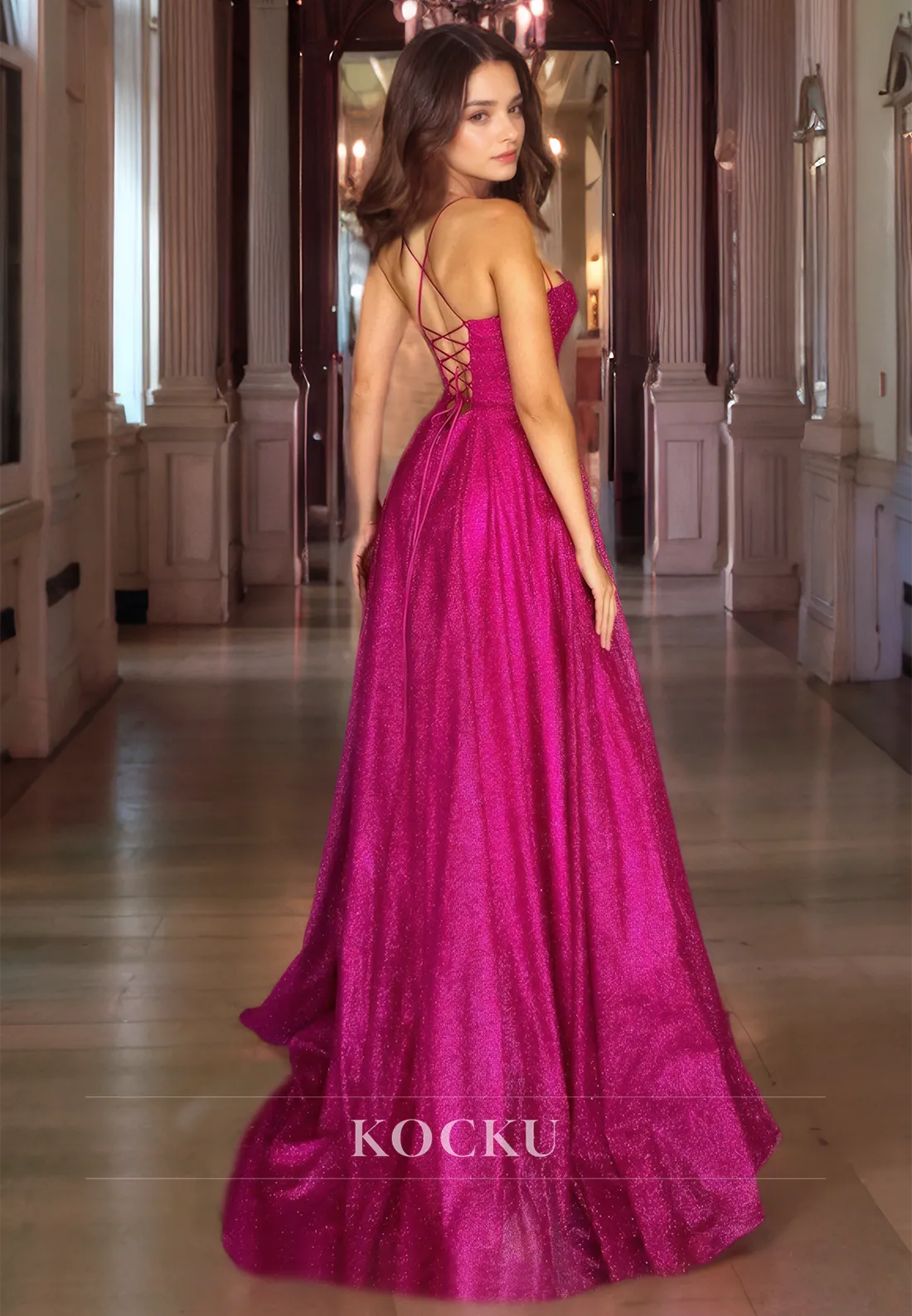 A-Line Spaghetti  Straps Sparkly Prom Dress Sleeveless High Split Evening Gown