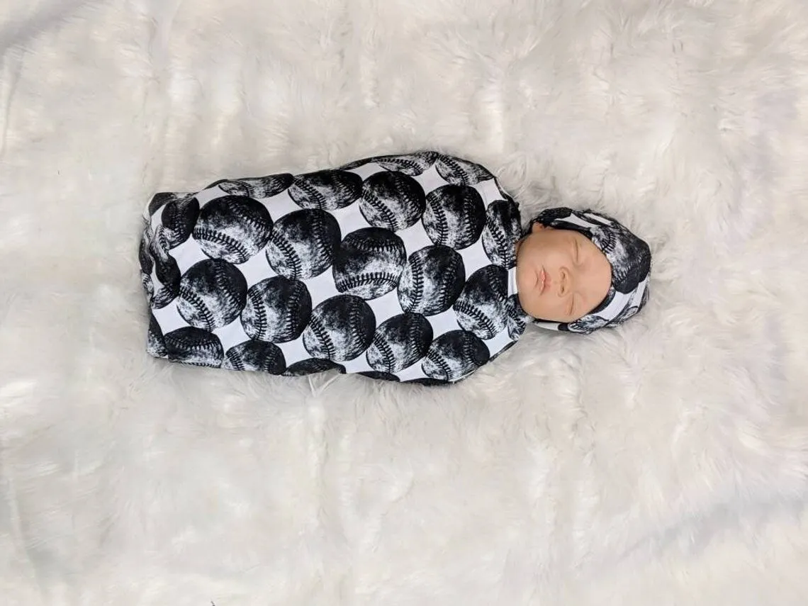 Baseball Baby Swaddle   Hat or Headband,Sports Nursery,Black White Vintage,Receiving Blanket,That My Grandson,Baby Shower