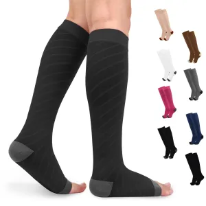 beister 20-30 mmHg Medical Compression Stockings for Men and Women, Open Toe Calf Compression Knee Socks, Graduated Support Stockings for Varicose Veins, Edema, Pregnancy Black Gray L