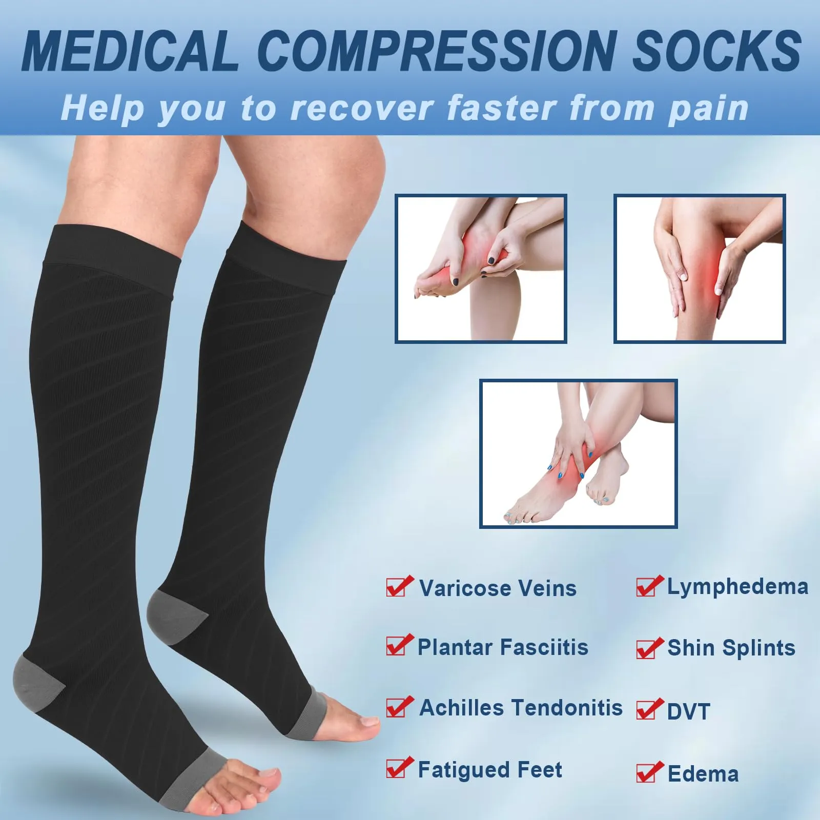 beister 20-30 mmHg Medical Compression Stockings for Men and Women, Open Toe Calf Compression Knee Socks, Graduated Support Stockings for Varicose Veins, Edema, Pregnancy Black Gray L
