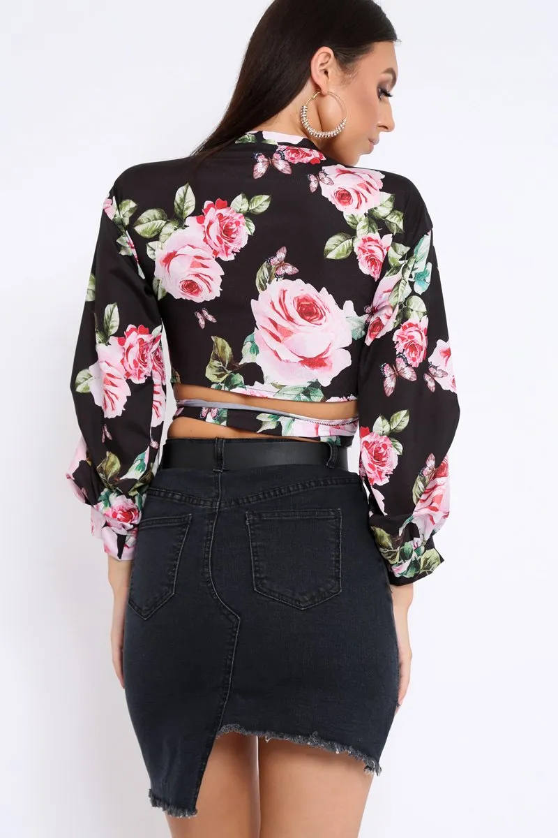 Black Floral Plunge Wrap Tie Top - Emila