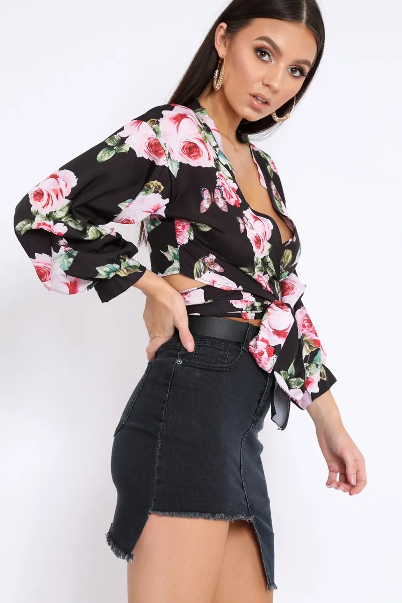 Black Floral Plunge Wrap Tie Top - Emila