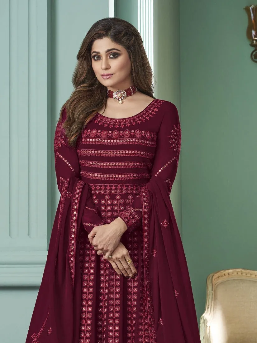 Breathtaking Maroon Anarkali Gown Featuring Shamita Shetty
