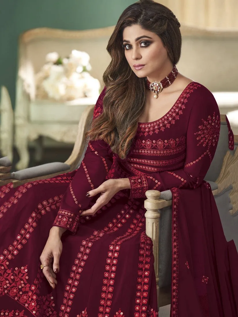 Breathtaking Maroon Anarkali Gown Featuring Shamita Shetty