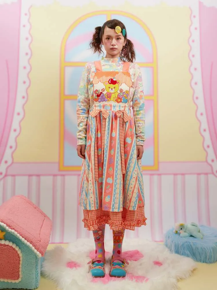 Cartoon Bear Plaid Splicing Embroidered Apron Dress【s0000006670】