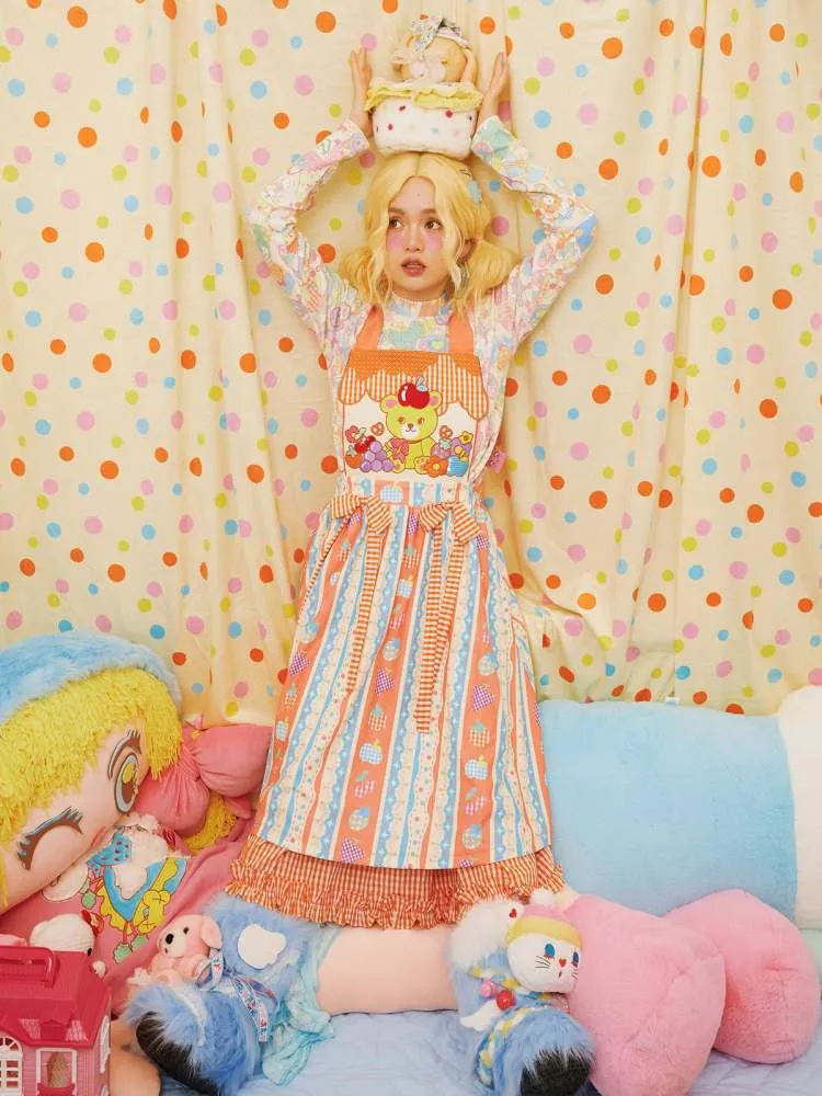 Cartoon Bear Plaid Splicing Embroidered Apron Dress【s0000006670】
