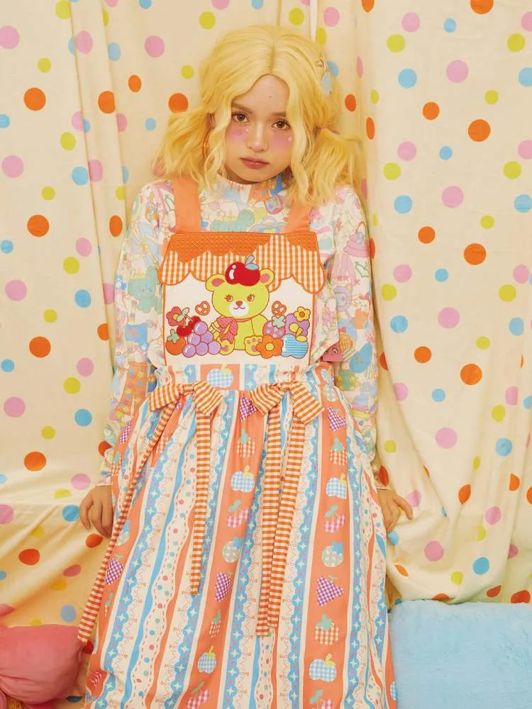 Cartoon Bear Plaid Splicing Embroidered Apron Dress【s0000006670】