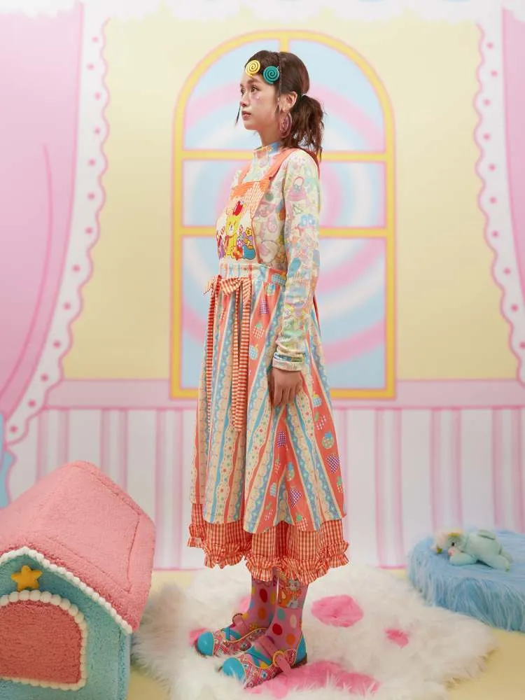 Cartoon Bear Plaid Splicing Embroidered Apron Dress【s0000006670】
