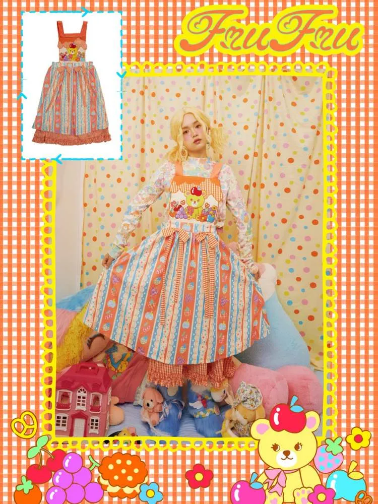 Cartoon Bear Plaid Splicing Embroidered Apron Dress【s0000006670】