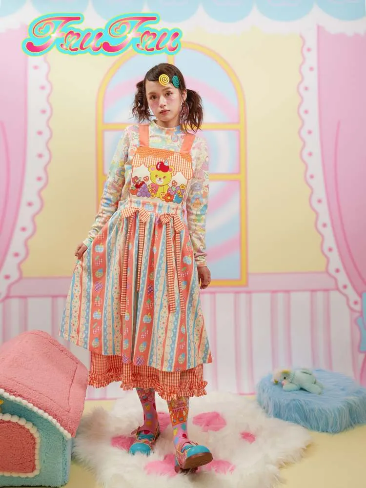 Cartoon Bear Plaid Splicing Embroidered Apron Dress【s0000006670】
