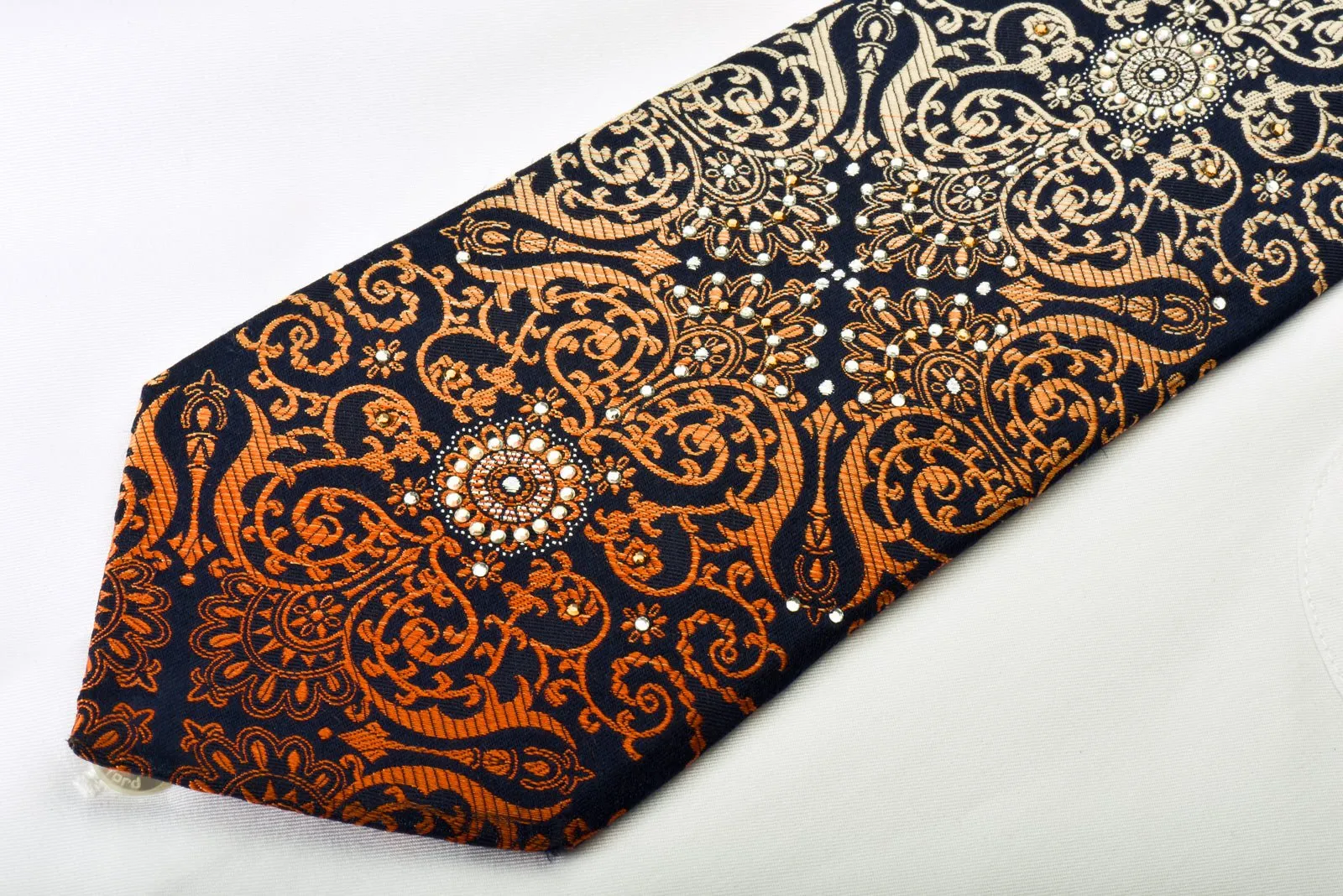 Christian Aujard Rhinestone Silk Necktie Orange Damask On Navy With Silver Sparkles