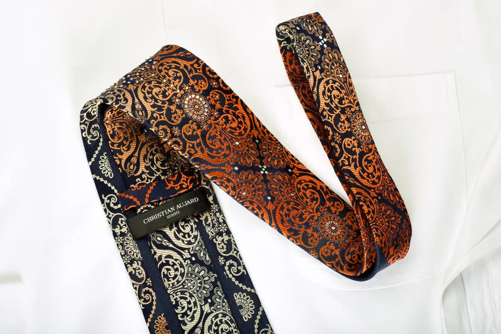 Christian Aujard Rhinestone Silk Necktie Orange Damask On Navy With Silver Sparkles