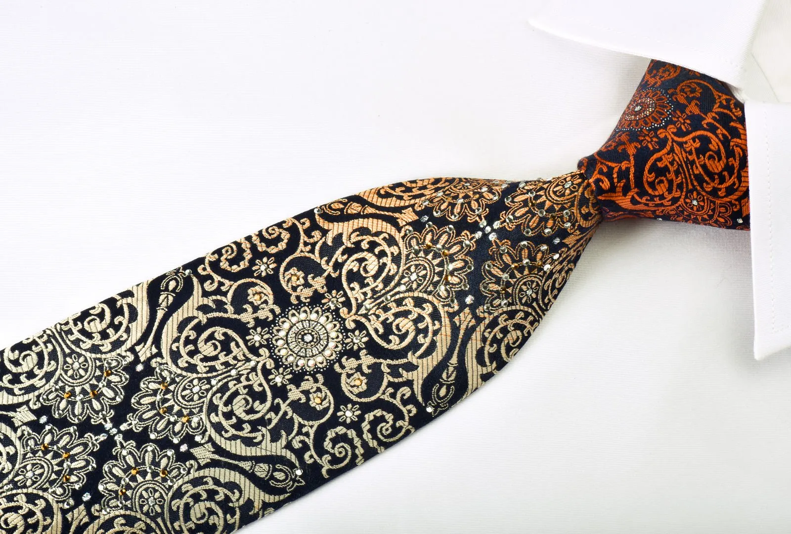 Christian Aujard Rhinestone Silk Necktie Orange Damask On Navy With Silver Sparkles