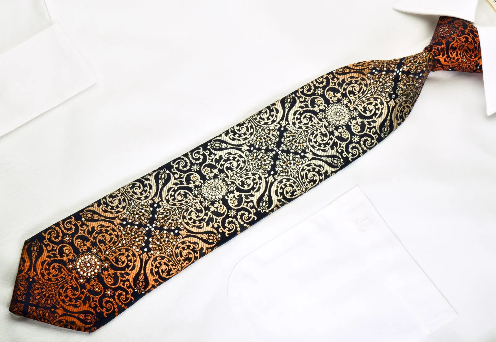 Christian Aujard Rhinestone Silk Necktie Orange Damask On Navy With Silver Sparkles