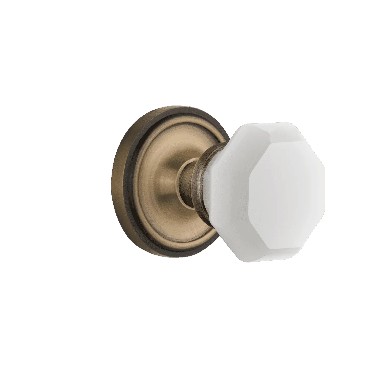 Classic Rosette with White Waldorf Knob in Antique Brass