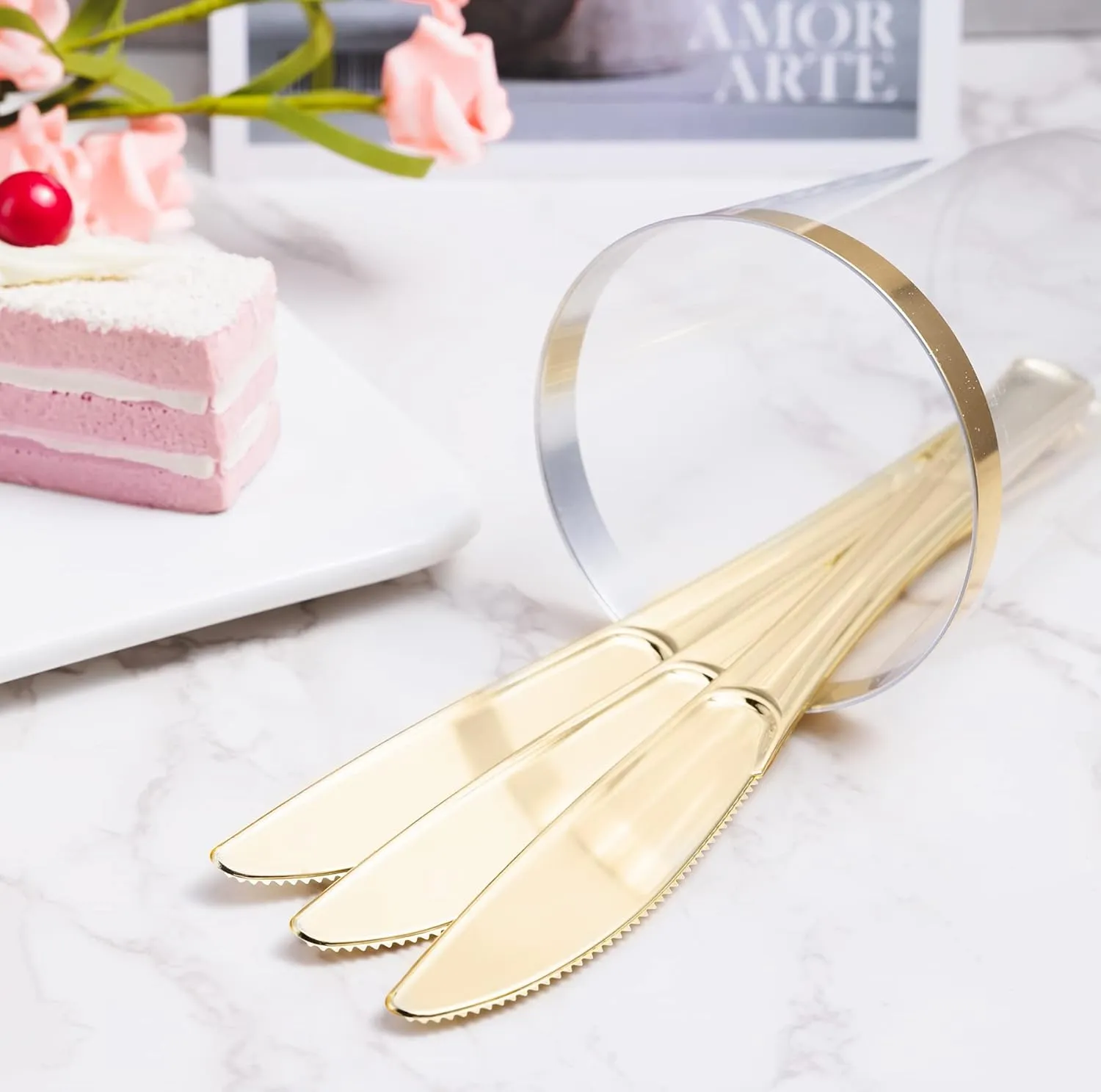 Cutlery Silverware Extra Heavyweight Disposable Flatware Knives Gold