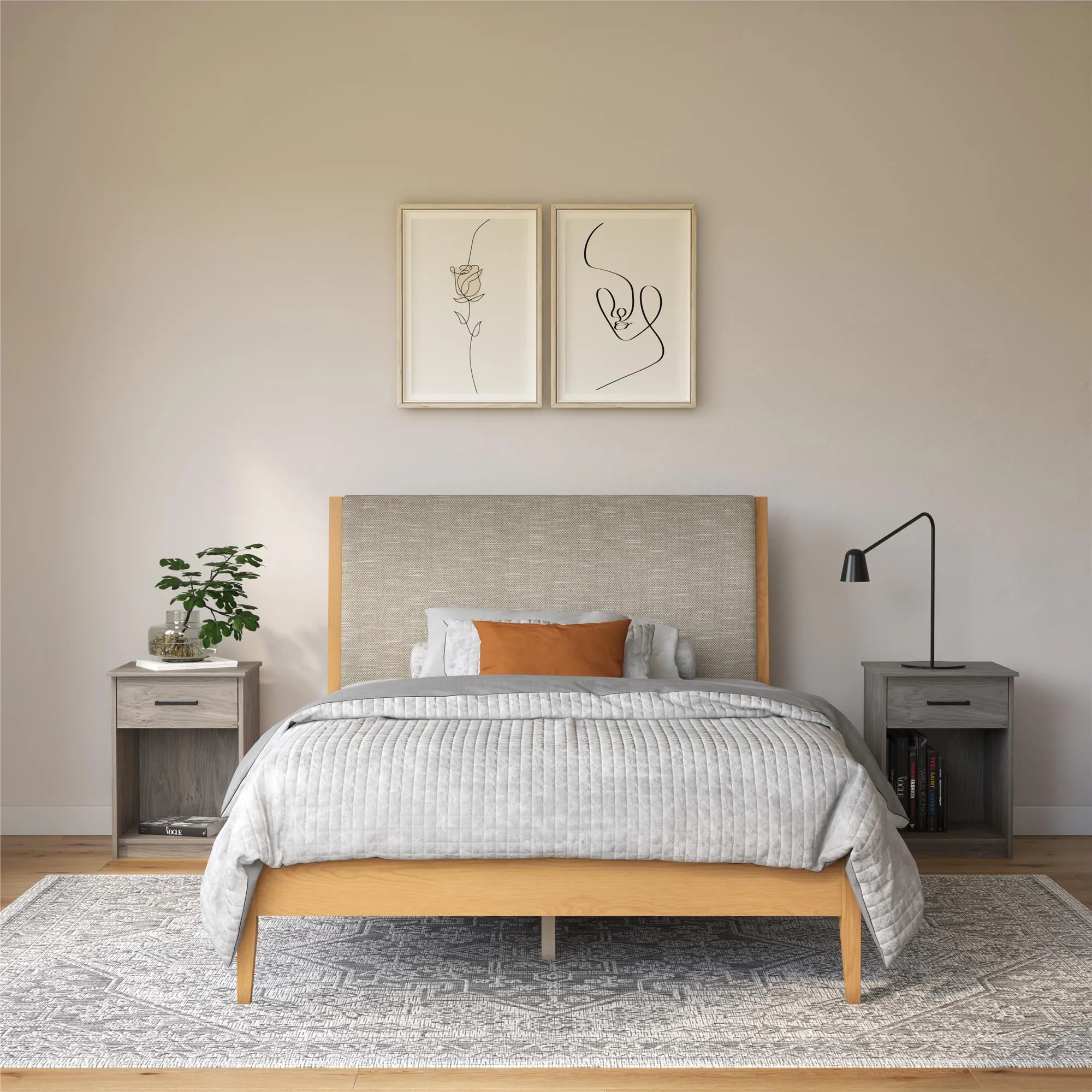 Dacin Wood Bed Frame with Upholstered Headboard