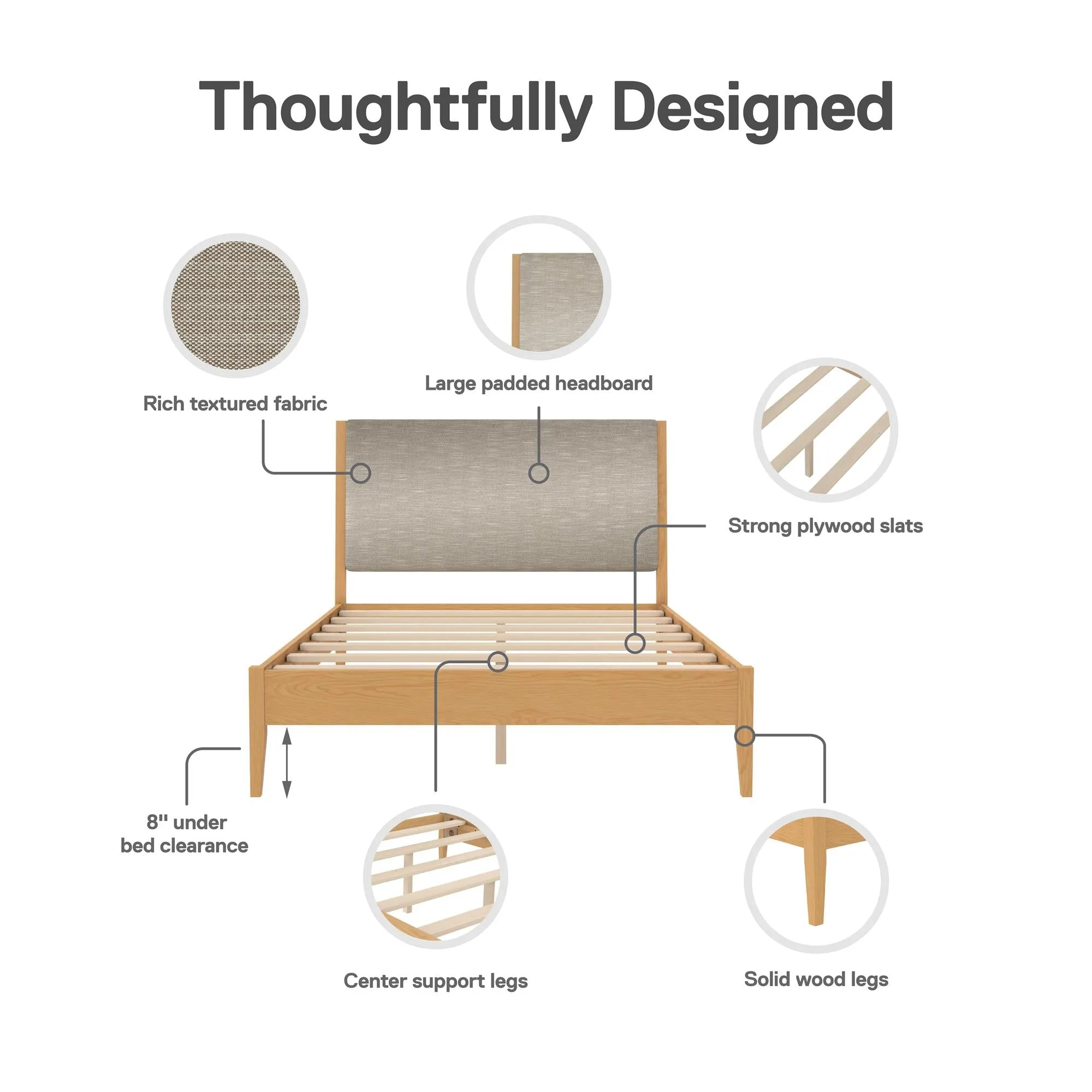 Dacin Wood Bed Frame with Upholstered Headboard