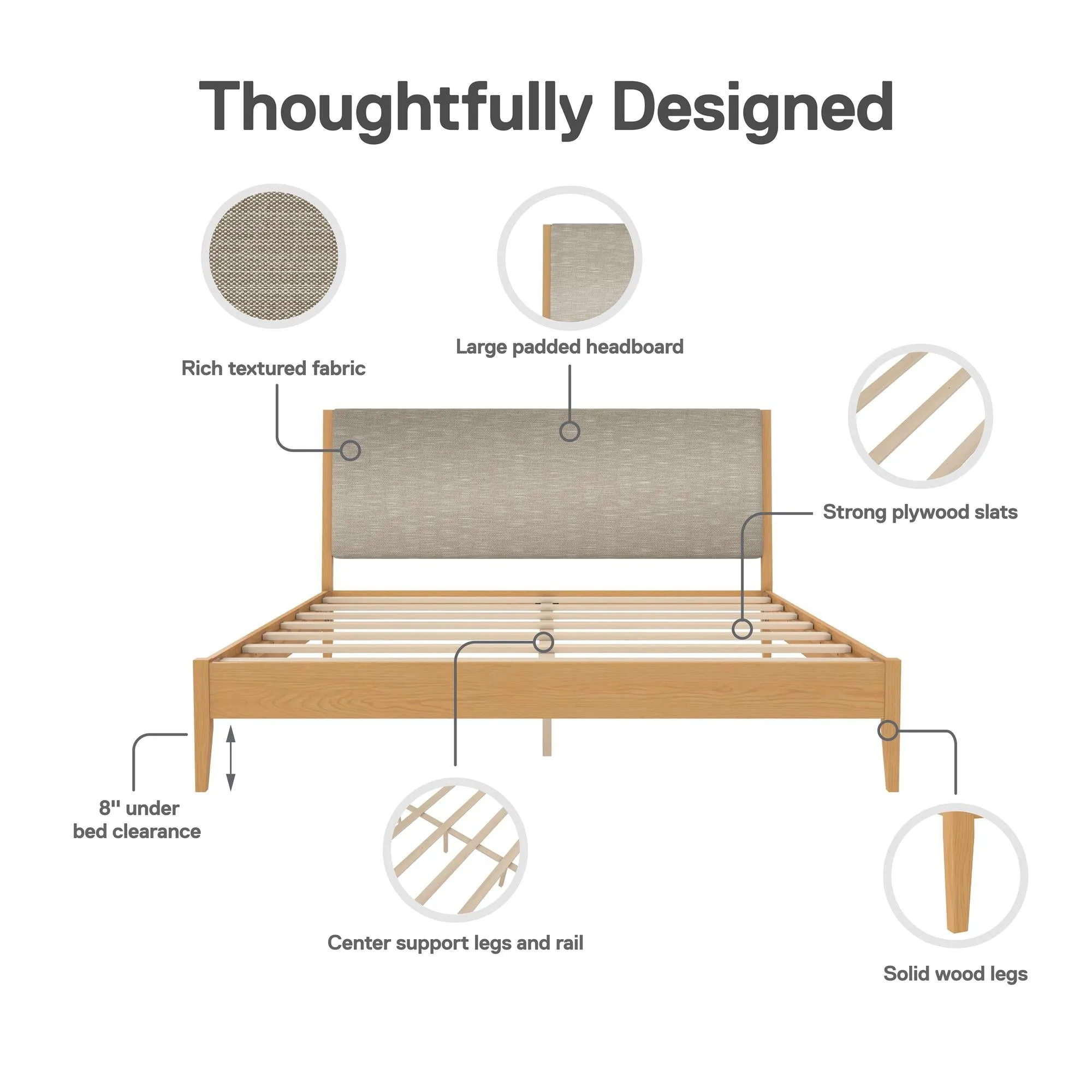 Dacin Wood Bed Frame with Upholstered Headboard