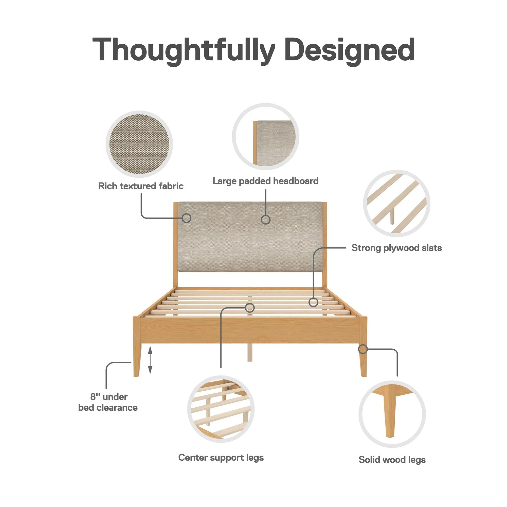 Dacin Wood Bed Frame with Upholstered Headboard