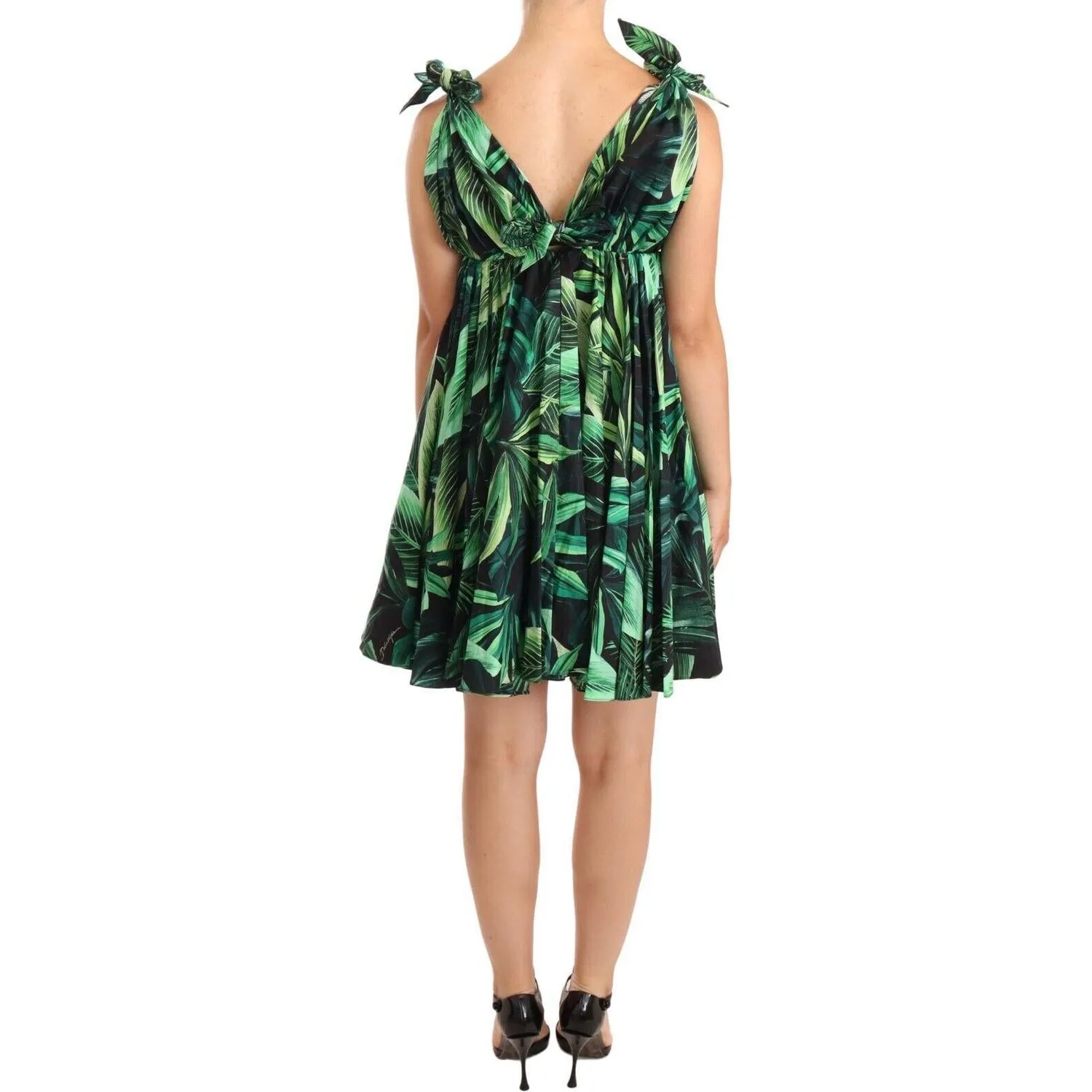 Dolce & Gabbana Elegant Flared Mini A-Line Dress in Green Leaf Print