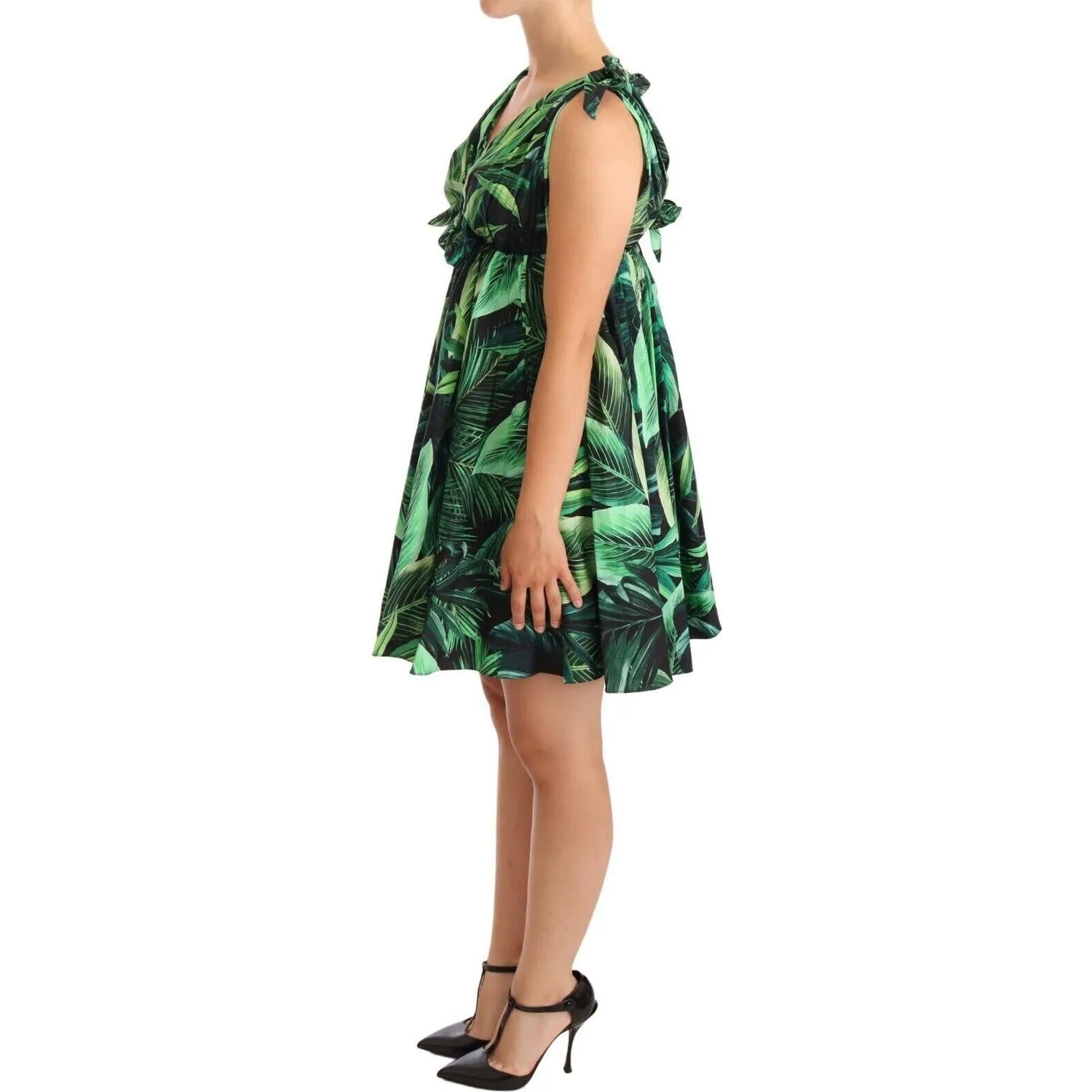 Dolce & Gabbana Elegant Flared Mini A-Line Dress in Green Leaf Print