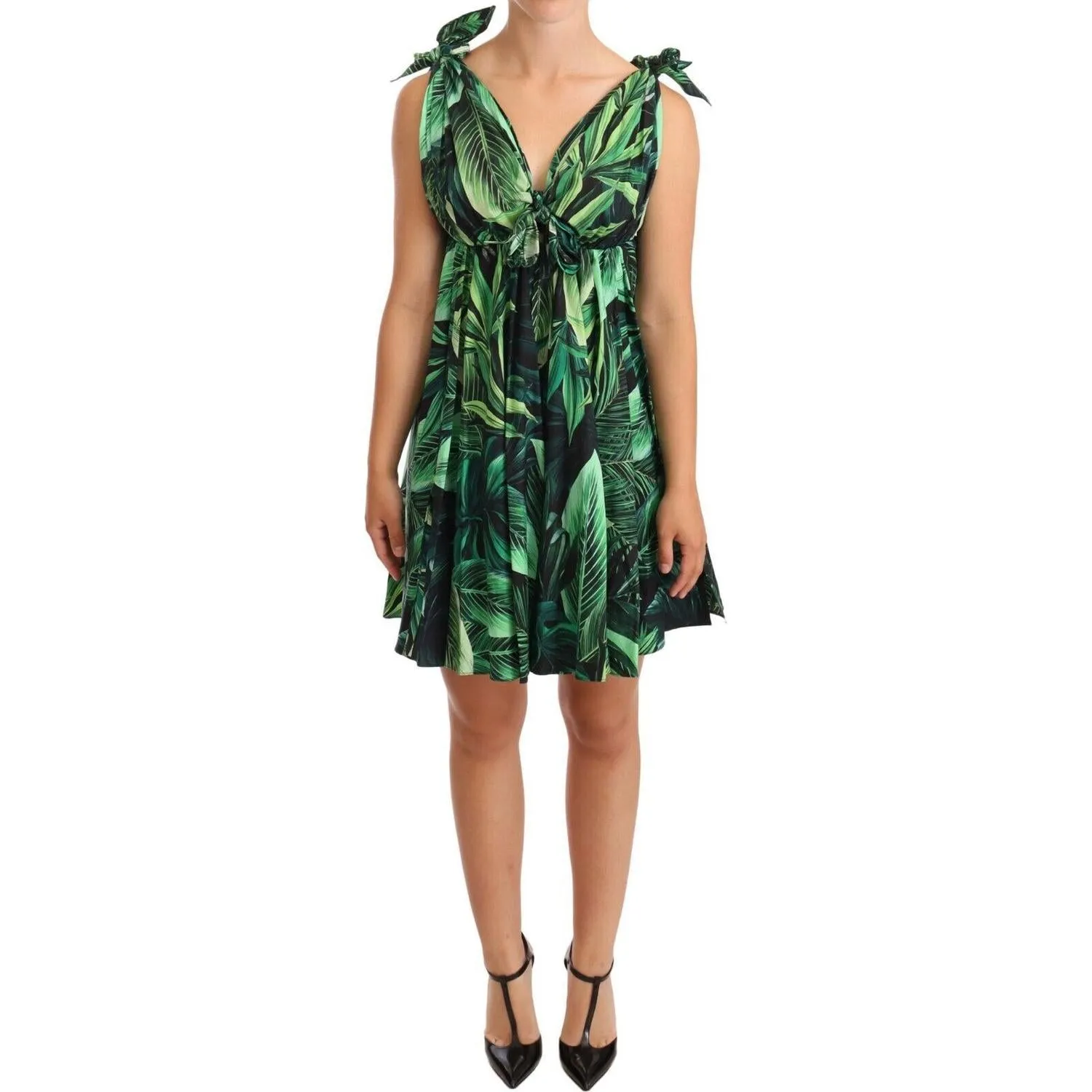 Dolce & Gabbana Elegant Flared Mini A-Line Dress in Green Leaf Print