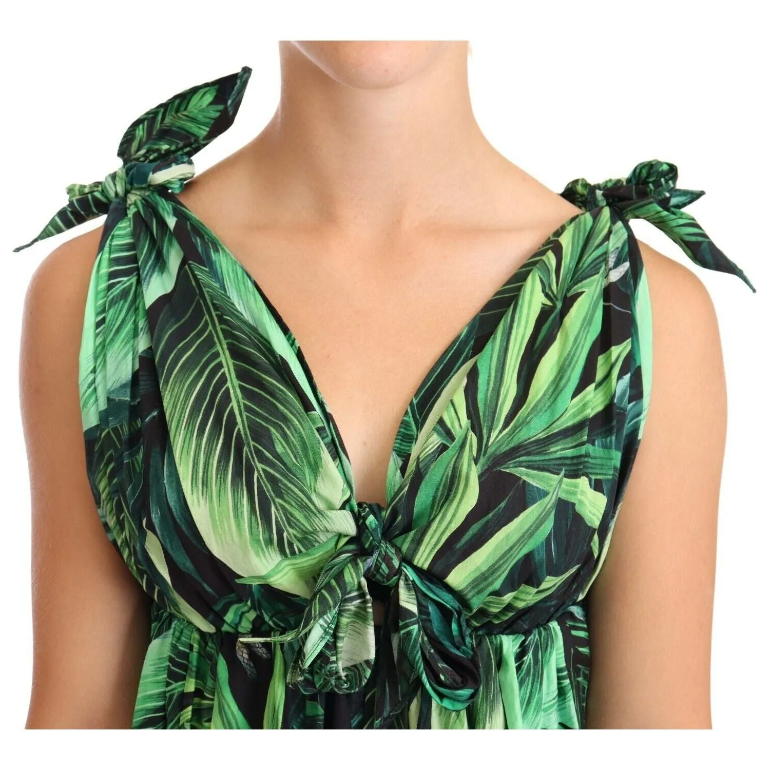 Dolce & Gabbana Elegant Flared Mini A-Line Dress in Green Leaf Print
