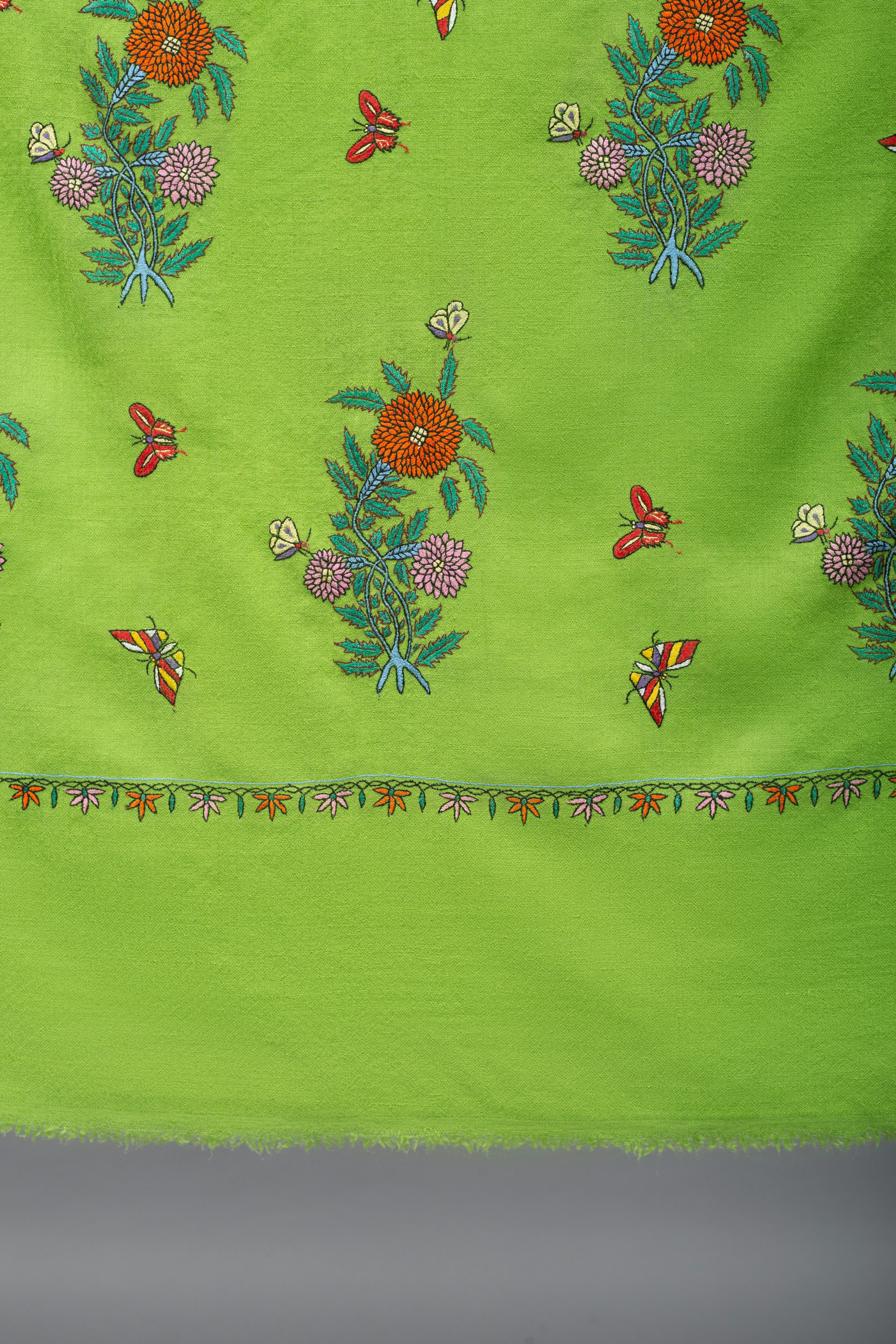 Elegant Electric Lime Butidar Sozni Embroidered Pashmina Shawl