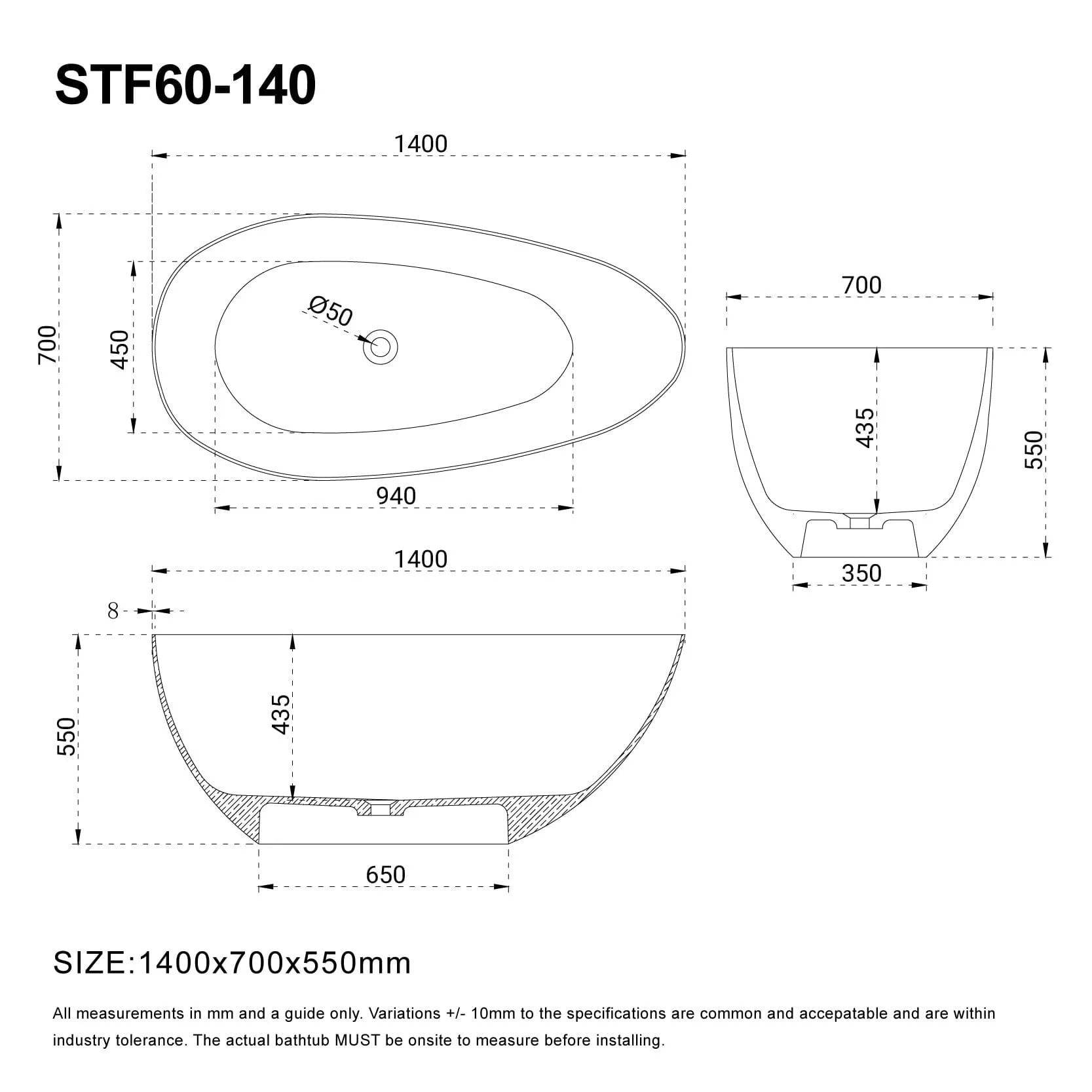 FINN 1400mm Egg Shape Stone Bath Matte White