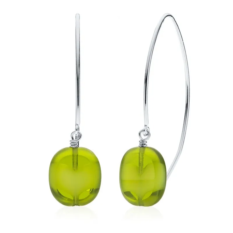 Green Swirl Glass Oval Drop Sterling Silver Wishbone Earrings