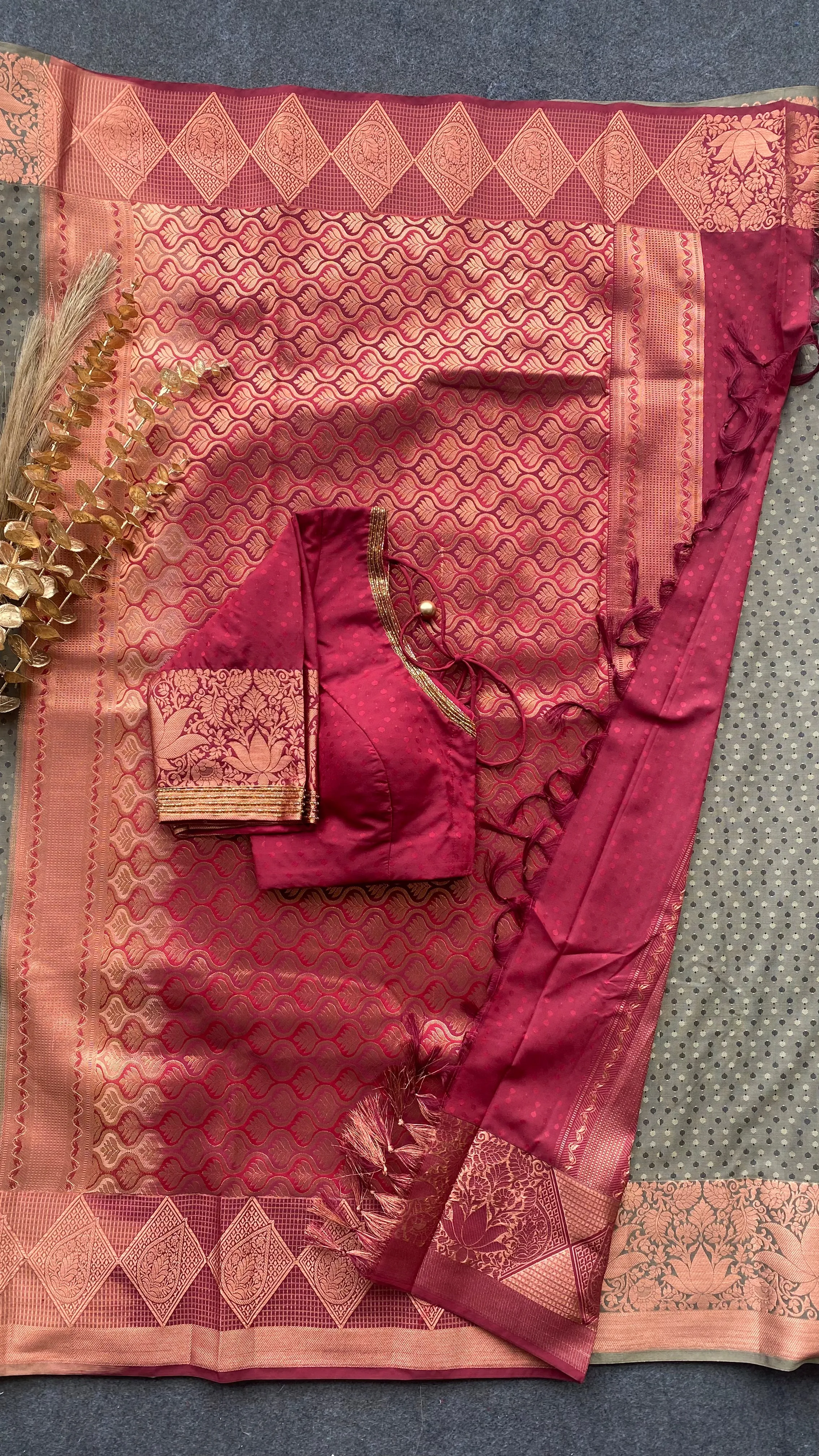 Grey and maroon silk saree with hand work blouse