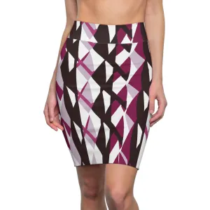High Waist Womens Pencil Skirt - Contour Stretch - Mauve Pink and Maroon Geometric Pattern