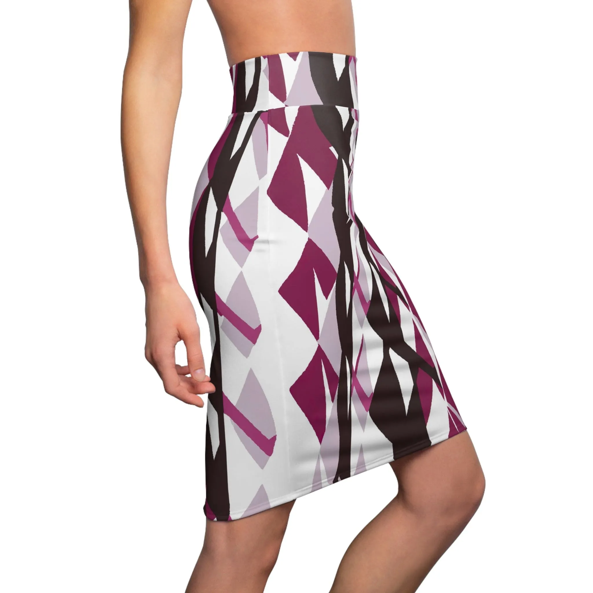 High Waist Womens Pencil Skirt - Contour Stretch - Mauve Pink and Maroon Geometric Pattern