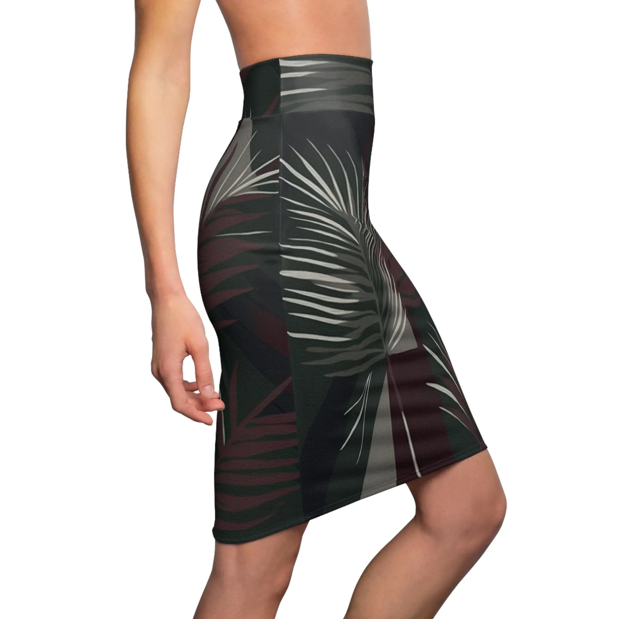 High Waist Womens Pencil Skirt - Contour Stretch - Palm Tree Leaves Maroon Green Background Minimalist Art