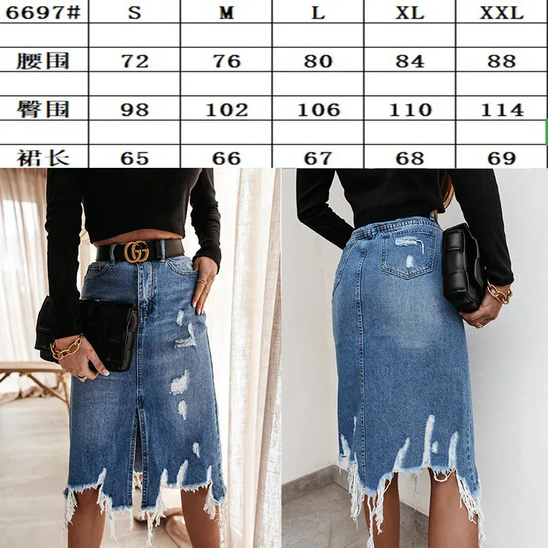 Knee Length Denim Skirt Casual Pocket High Waist Straight Denim Skirt