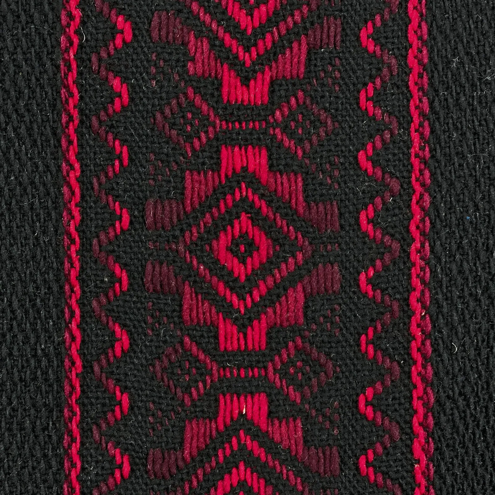 Llama Wool Unisex South American Handwoven Hooded Poncho - solid black with red diamonds pattern