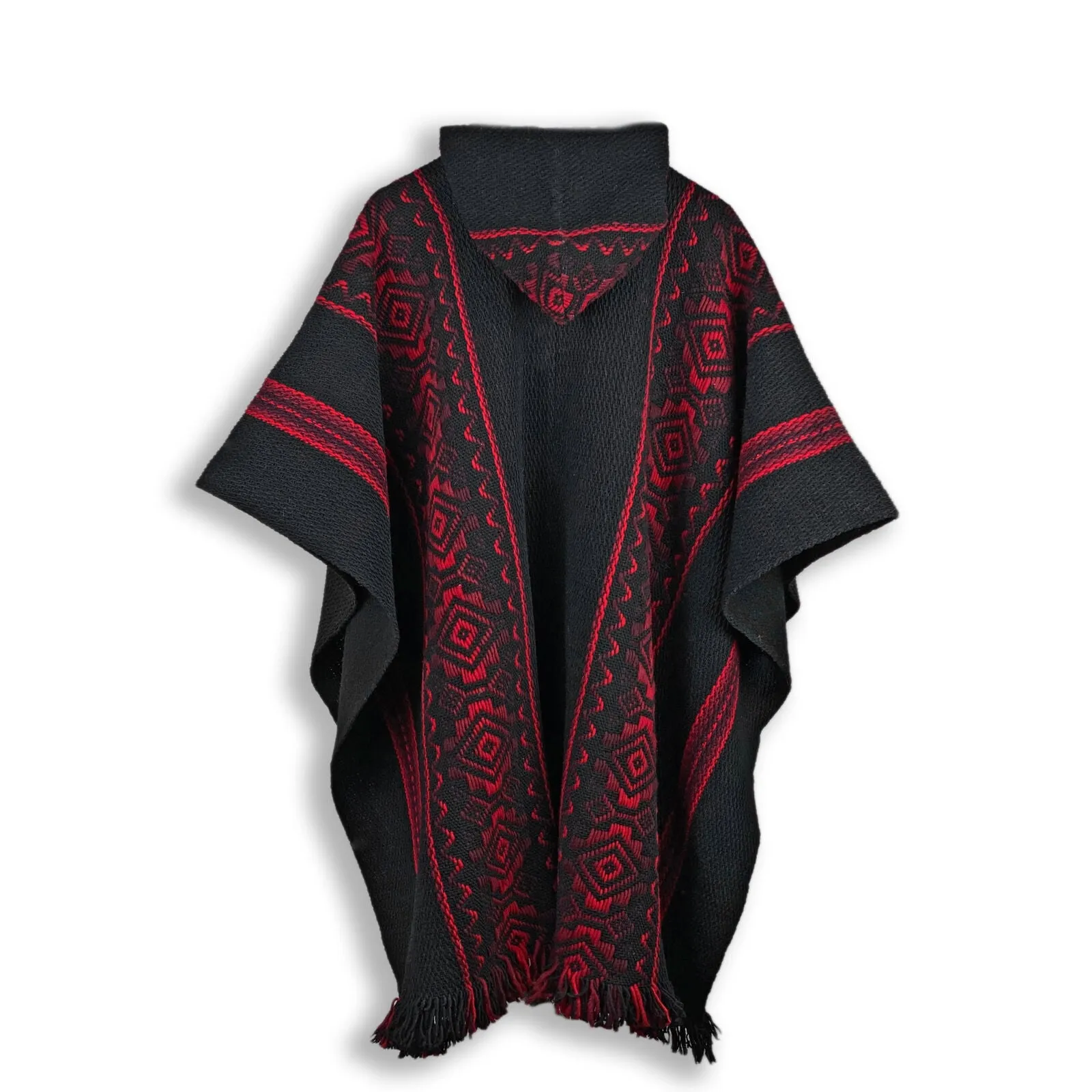 Llama Wool Unisex South American Handwoven Hooded Poncho - solid black with red diamonds pattern