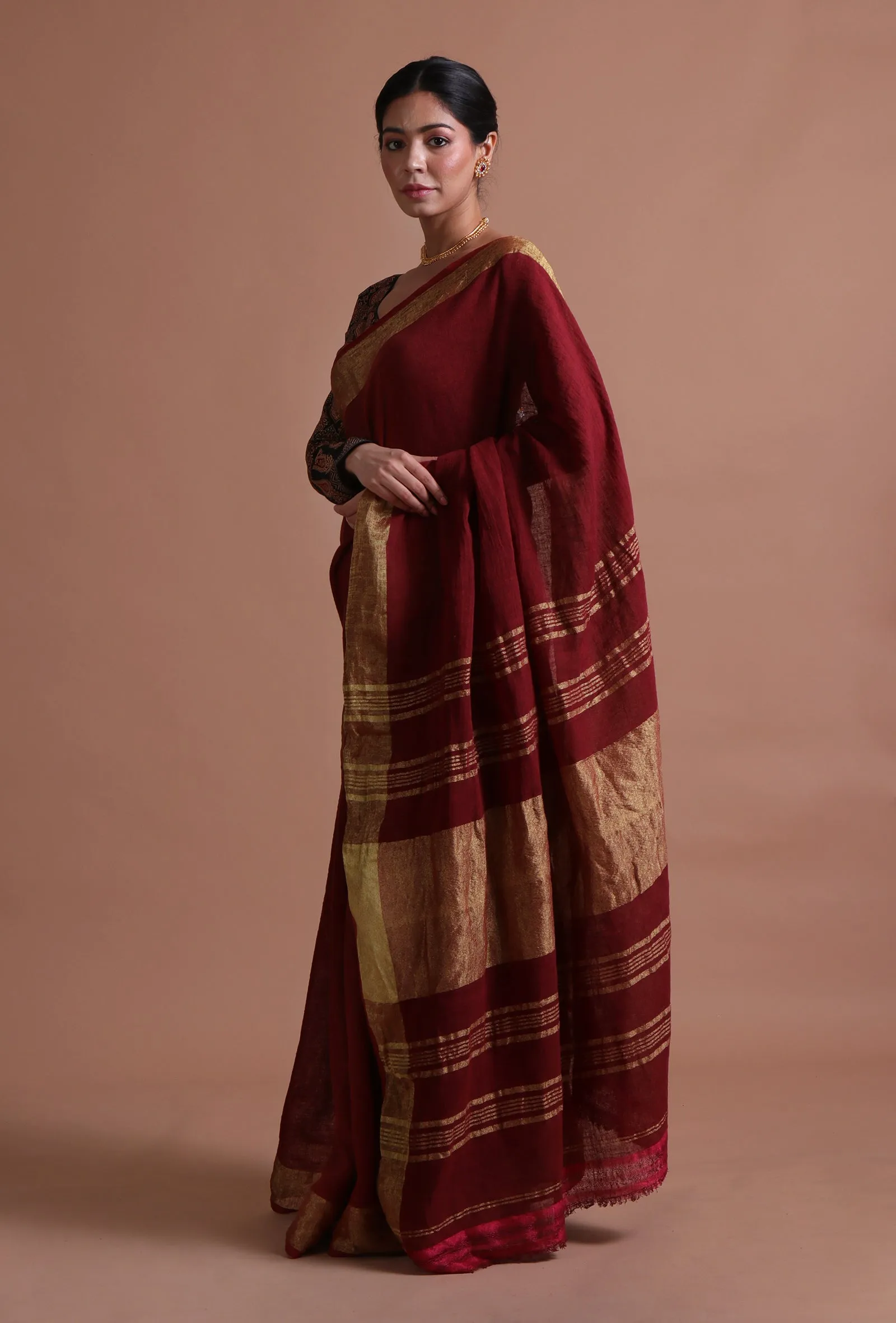 Maroon Color Cotton Linen Saree With Unstitched Blouse