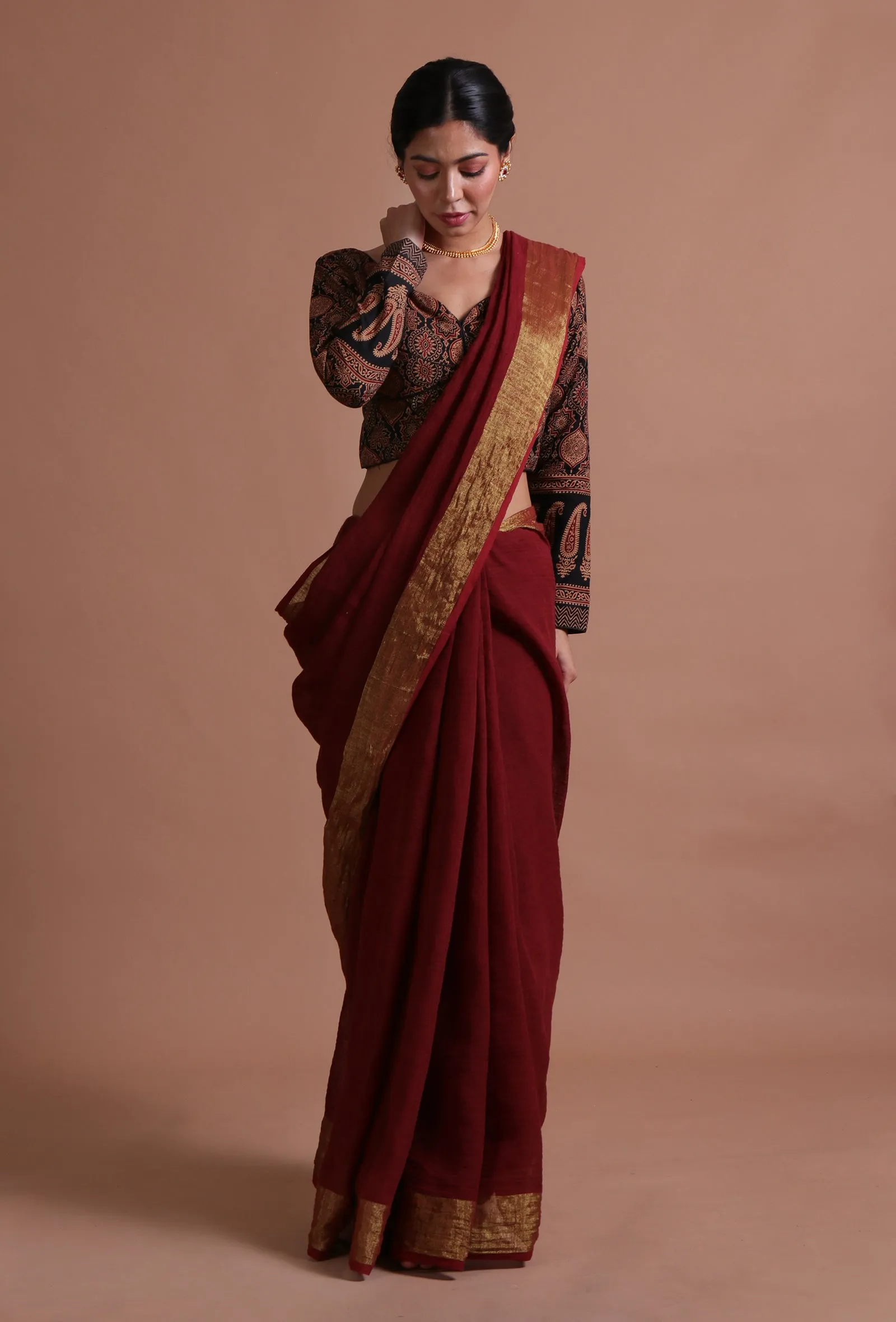 Maroon Color Cotton Linen Saree With Unstitched Blouse