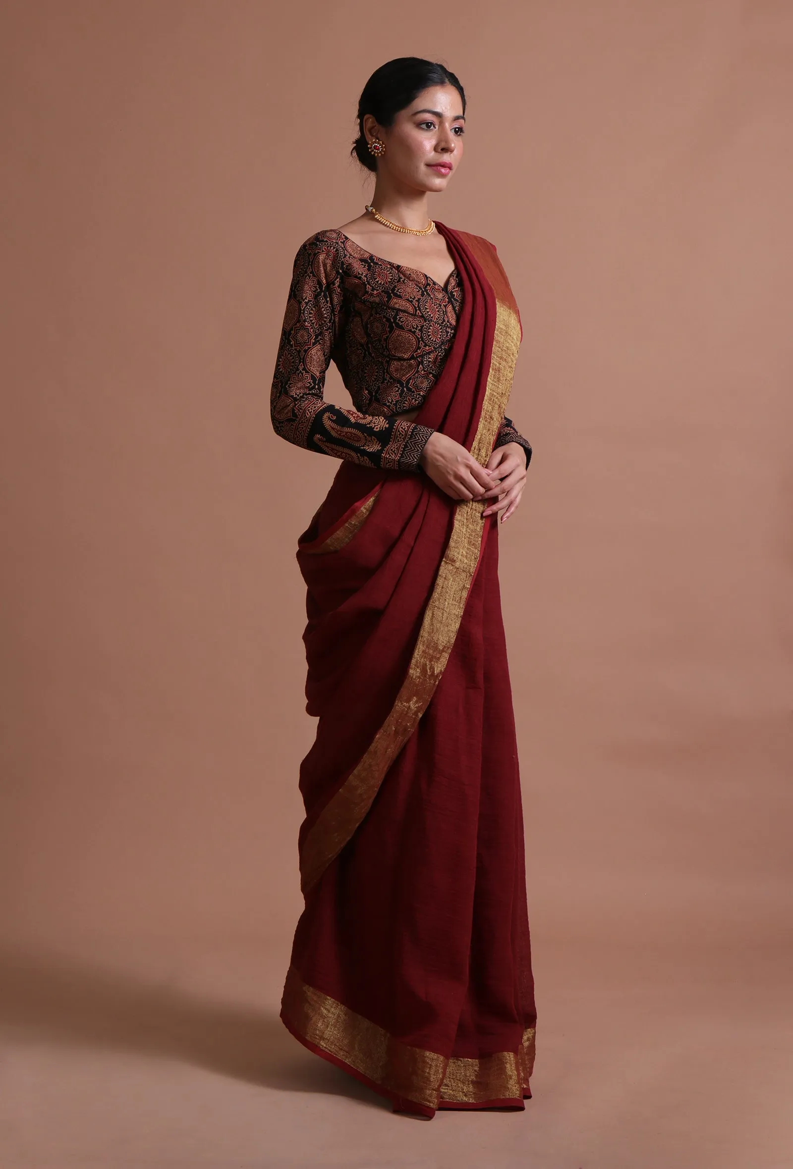 Maroon Color Cotton Linen Saree With Unstitched Blouse