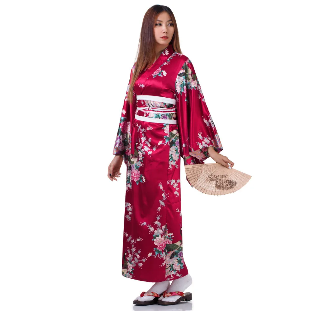 Maroon Japanese Geisha Kimono Style Robe Akiko