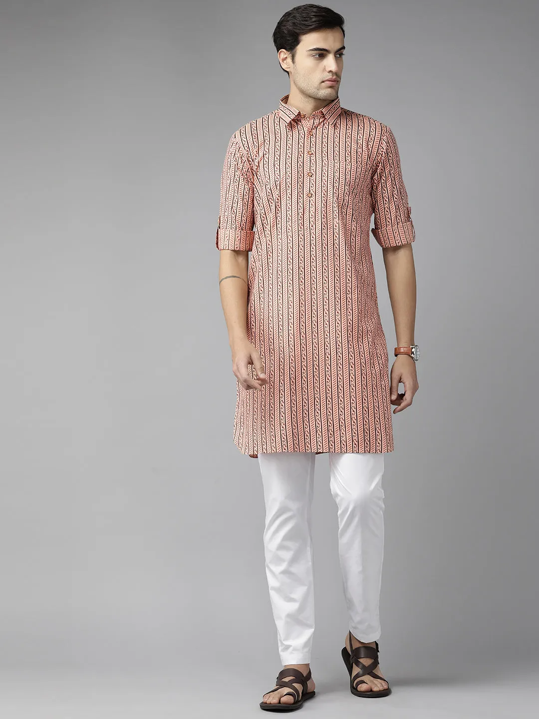 Men Peach Regular Pure Cotton Pathani Kurta