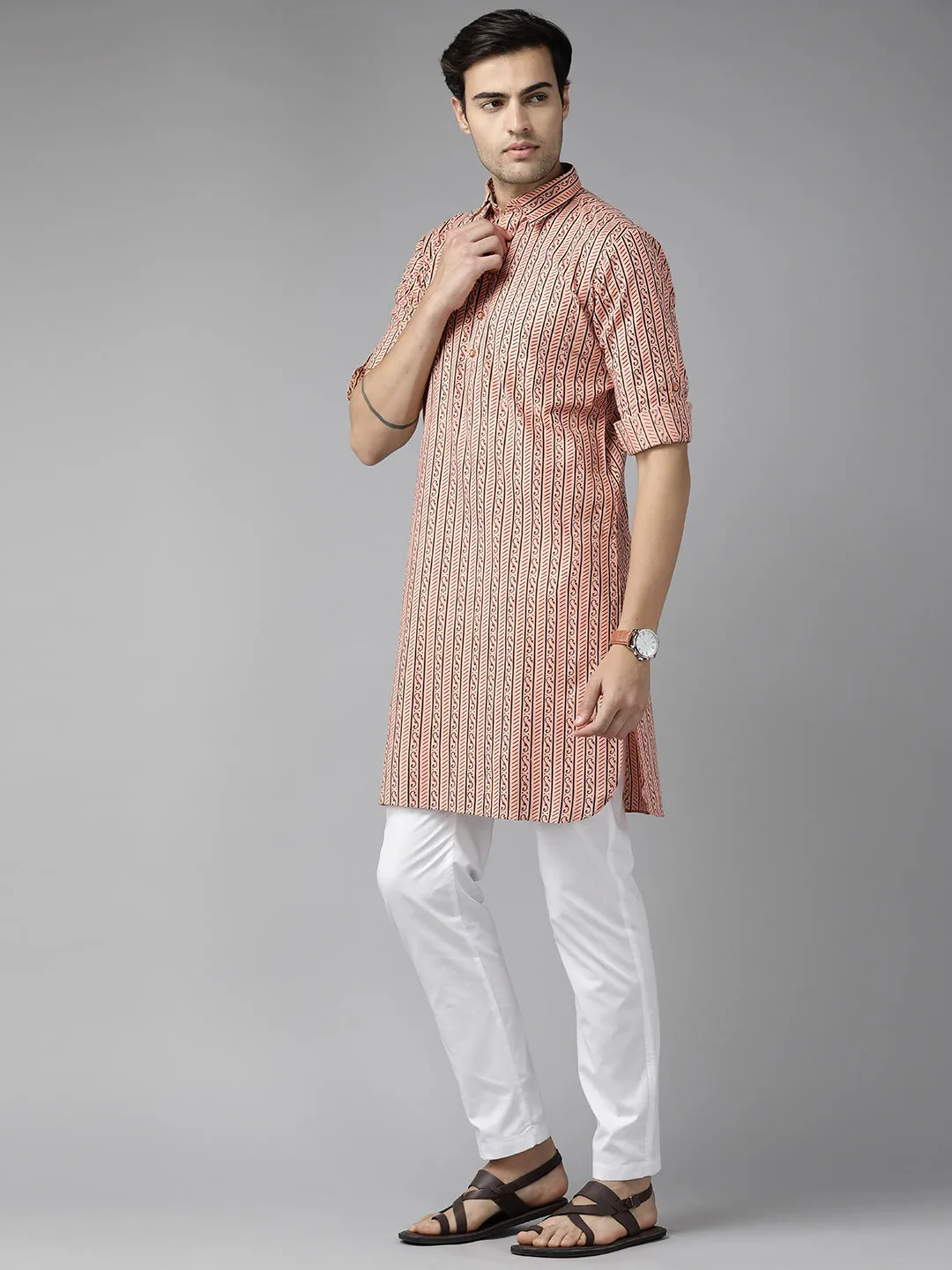 Men Peach Regular Pure Cotton Pathani Kurta