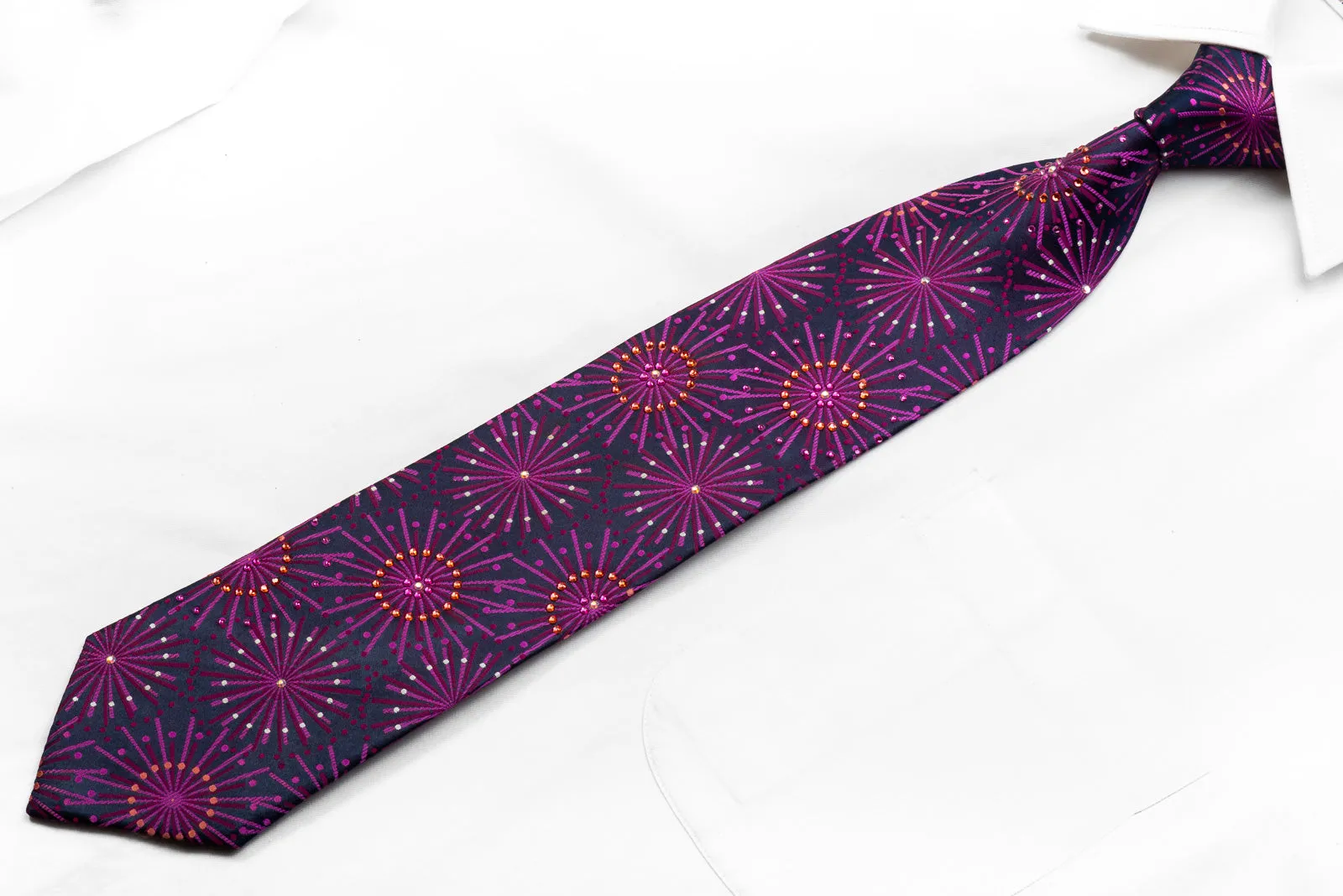 Men's Rhinestone Necktie Geometric Starbursts On Navy Silk