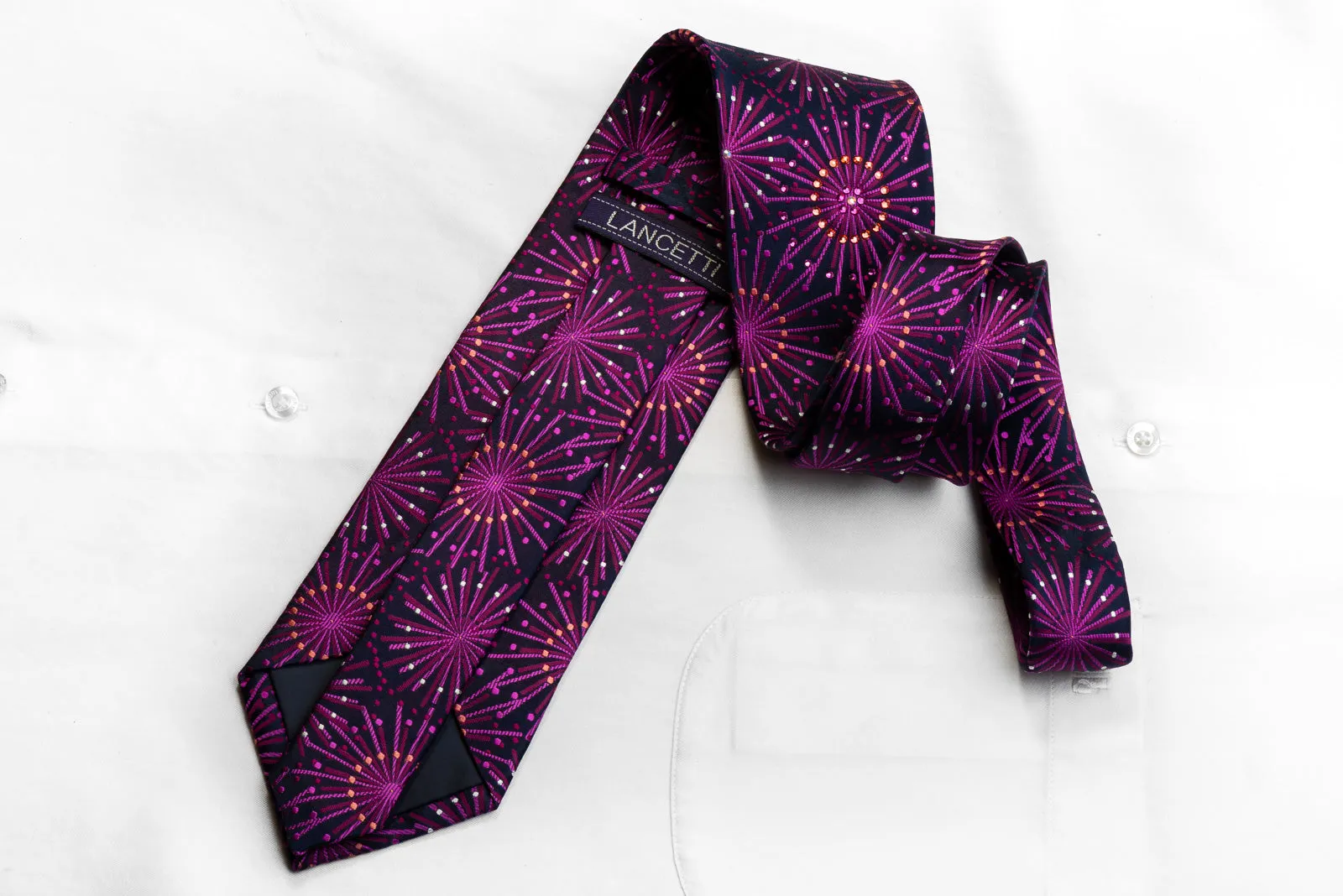 Men's Rhinestone Necktie Geometric Starbursts On Navy Silk